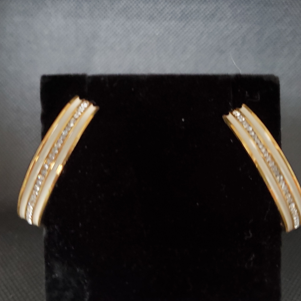 Gold Enameled Rhinestone Hoop Earrings